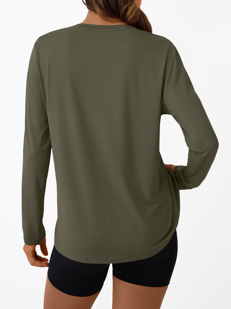 AUTOMET Women's Long Sleeve Workout Tops UPF 50+ Sun Shirts UV Protection for Running Hiking Quick Dry Rash Guard Army Green M