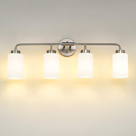 zeyu Brushed Nickel Bathroom Vanity Light, 4-Light Modern Wall Sconce Lights, Milky White Frosted Glass Shades, ZS62B-4W BN