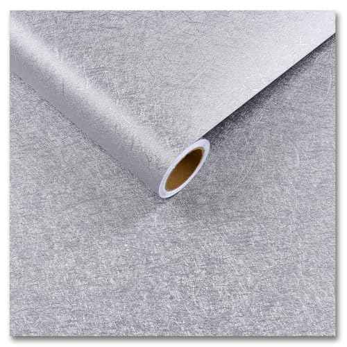 CRE8TIVE Metallic Silver Silk Wallpaper Peel and Stick Textured Embossed Silver Grey Contact Paper for Cabinets Drawers 12"x80" Self Adhesive Removable Wallpaper for Kitchen Appliances Bathroom Walls