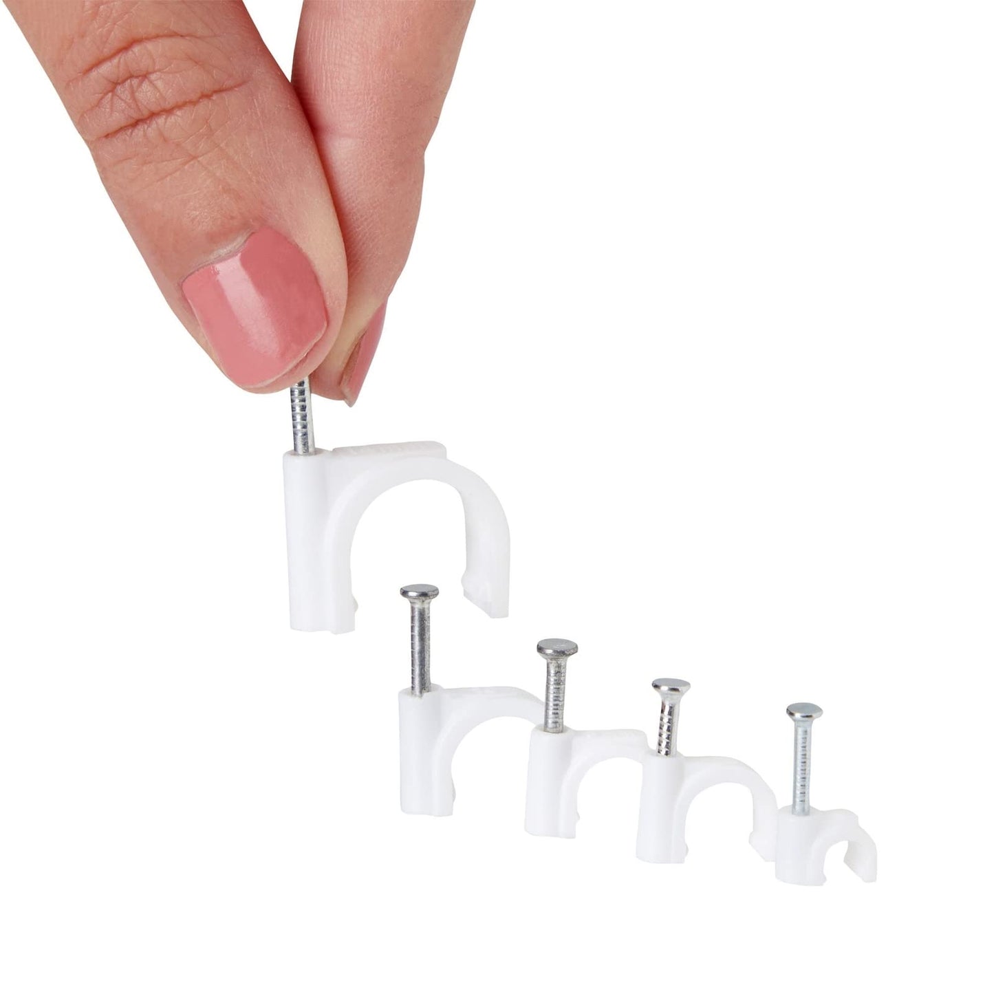 Juvale 500-Pack Round Cable Wire Clips for Wall Mounting, Extension Cord Holders, and Cable Management Staples in 5 Sizes for RJ45 Ethernet Connectors, Nails Included (4, 6, 8, 10 & 14mm, White)