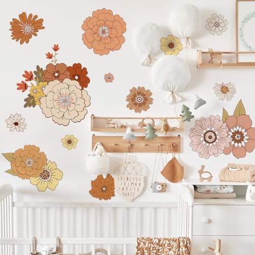 Runtoo Boho Retro Floral Wall Art Decals Large Vintage Flower Daisy Wall Stickers Colorful Hippie Wall Decor for Living Room Kids Bedroom Nursery