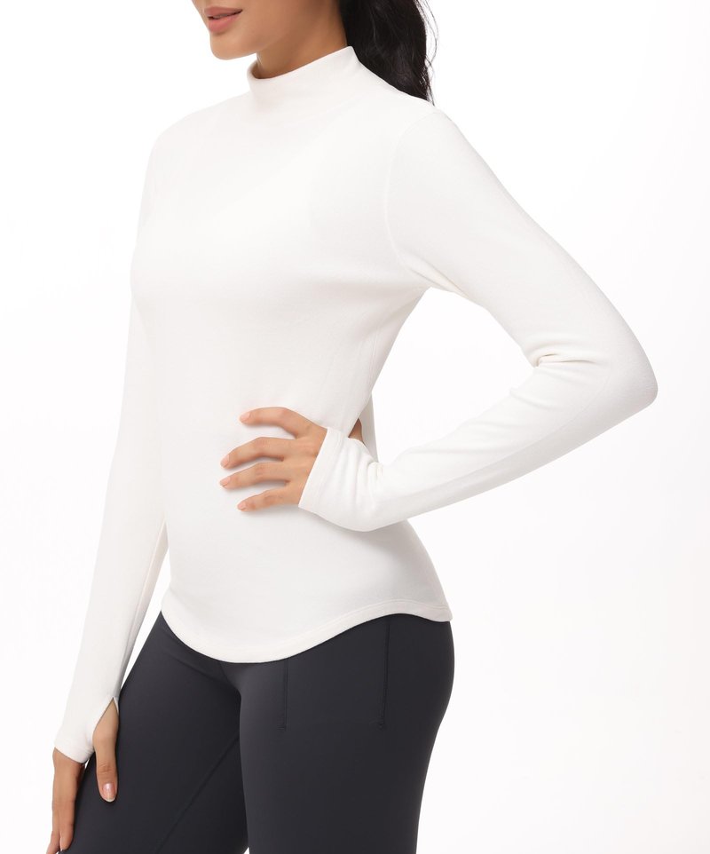 THE GYM PEOPLE Fleece Mock Turtleneck Pullover Base Layer Shirts Long Sleeve Workout Tops with Thumb Hole Beige
