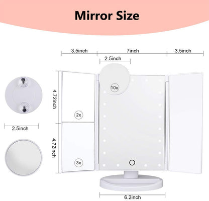 PUVLISZ Vanity Cosmetic/Makeup Mirror with 22 LED Lights, Touch Screen, Magnification Tri-Fold 2X 3X Magnifying, 180° Free Rotation, Dual Power Supply White