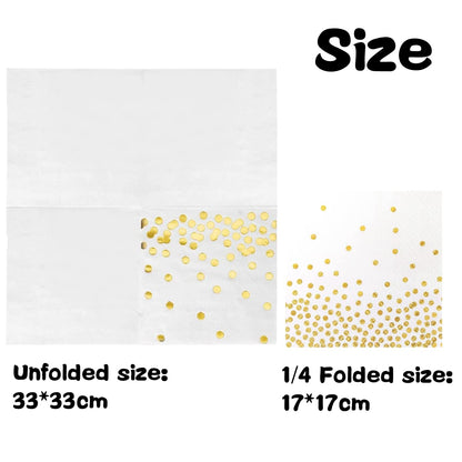 CEILIWEN 50PCS White & Gold Polka Dot Party Napkins, 33x33CM White with Gold Cocktail & Dinner Serviettes