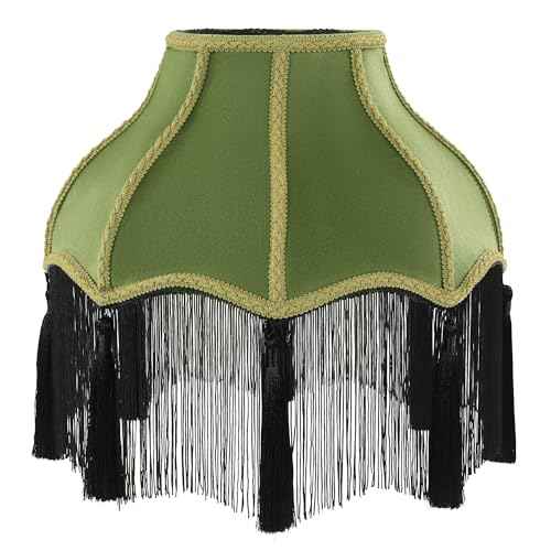 MABOZOO Victorian Lamp Shade, Velvet Vintage Lampshade with Tassel and Fringe, 6.4"x13"x12.3" Bell Shape Scallop Lampshades for Table, Floor and Bedside Lamps (Olive Green)