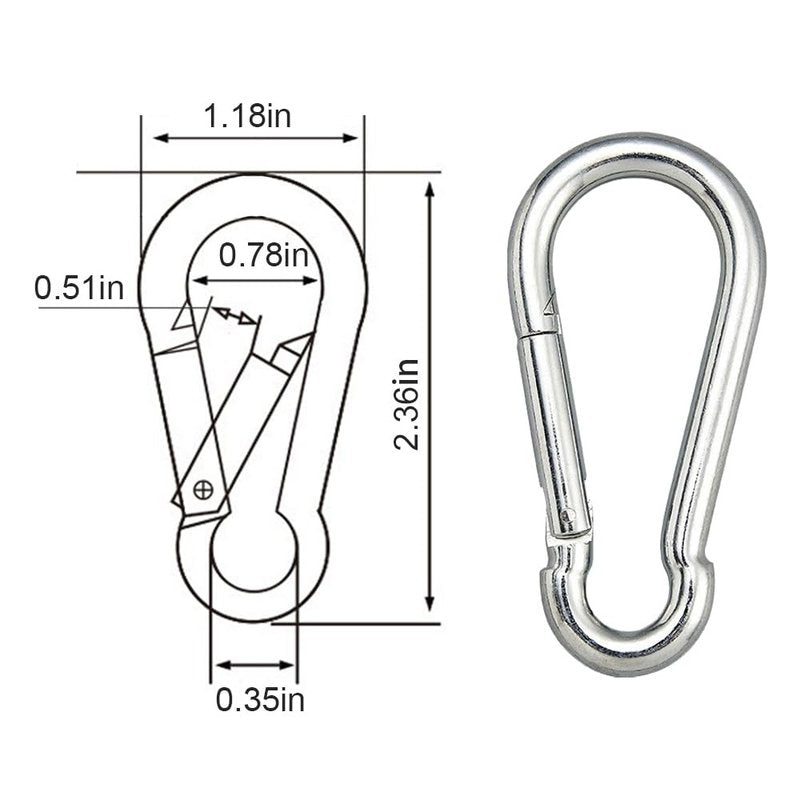 10PCS 2.36" Stainless Steel Carabiner Clip, 270-lb WLL Snap Hook.