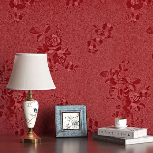 FunStick Dark Red Wallpaper Peel and Stick Vintage Textured Victorian Floral Wallpaper Renter Friendly Wall Paper Red Kitchen Cabinet Contact Paper Waterproof Removable Wallpapers for Walls 15.8"x80"