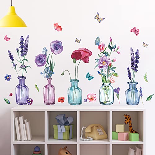Watercolor 5 Vases Wall Decals Colorful Flowers Wall Decal Floral in Vase Wall Stickers DIY Removable Purple Rose Plants Art Murals Baby Kids Girls Bedroom Living Room Office Bathroom Home Decoration