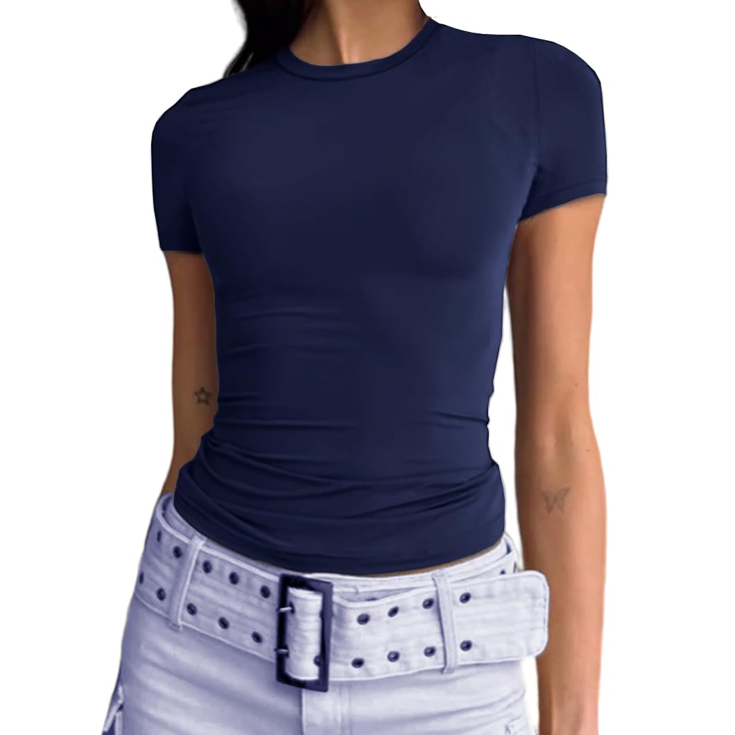 Abardsion Women's Casual Basic Going Out Crop Tops Slim Fit Short Sleeve Crew Neck Tight T Shirts 2025 (Navy Blue, L)