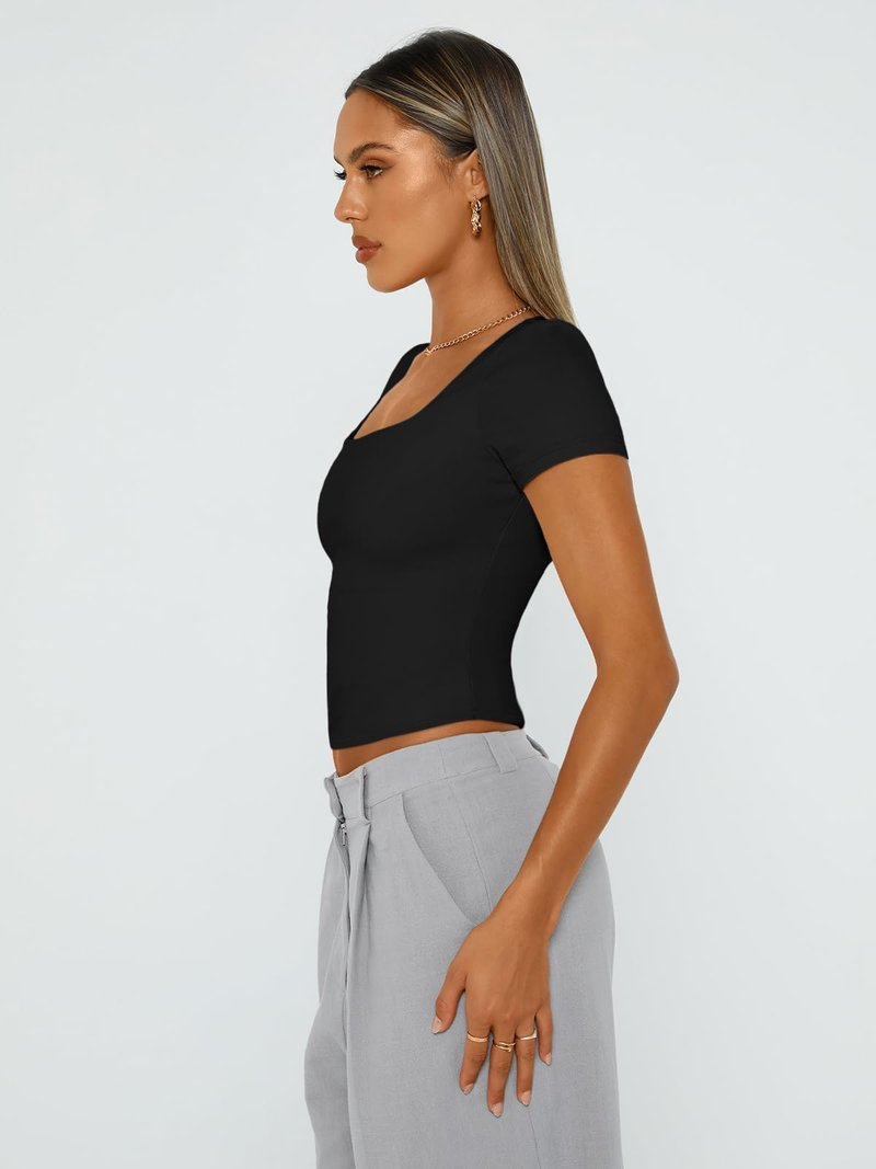 Trendy Queen Double Lined Short Sleeve Tshirts for Women Square Neck Cute Crop Top Spring Summer Basic Tees Workout Going Out Black M