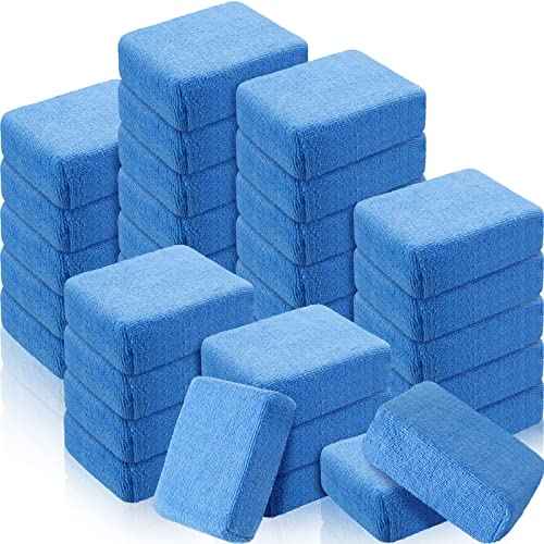 Riakrum 32 Pieces Microfiber Applicator Pads Detailing Car Wax Sponge for Car Ceramic Coating Applicator Tire Shine Cleaning Pad for Applying Wax Foam(Blue)