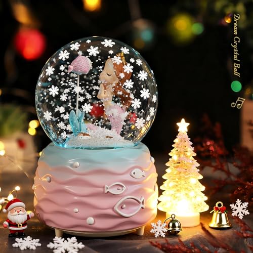 Snow Globes,Mermaid Snowglobes with Musical,LED Lights, Gifts for Little Girls,Birthday Christmas Festival Gift for 5-12 Year Old Girls (Pink)