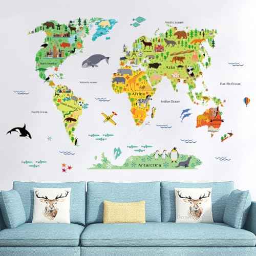 Colorful World Map Wall Decals World Ocean Animals Wall Stickers Self Adhesive Early Educational Map Wall Stickers Mural for Kids Bedroom Playroom Baby Nursery Decor