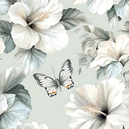 Floral Peel and Stick Wallpaper White Flower Contact Paper 16.9inch x 196.8inch Oil Painting Modern Wall Paper Butterfly Removable Large Floral Decorative Wallpaper Flower Waterproof Vinyl
