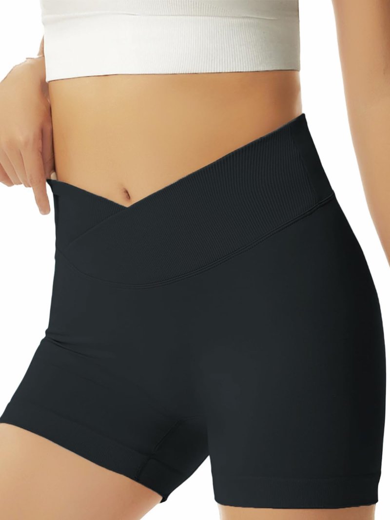 Girls Athletic Shorts Slim Tummy Control V Cross Waist Short Leggings Bike Dance Gymnastics Shorts Black