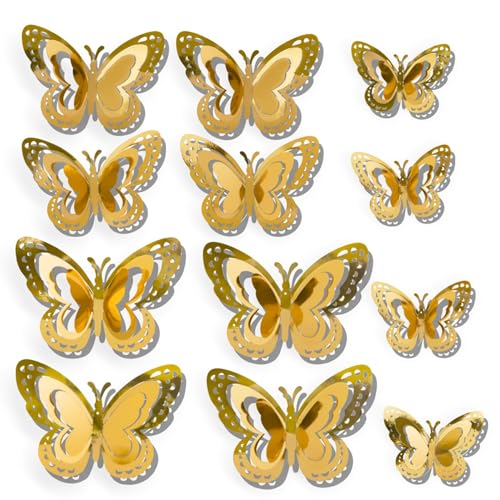 24PCS 3D Butterfly Wall Decor,Butterfly Stickers for Home & Party Decorations (24, Gold)