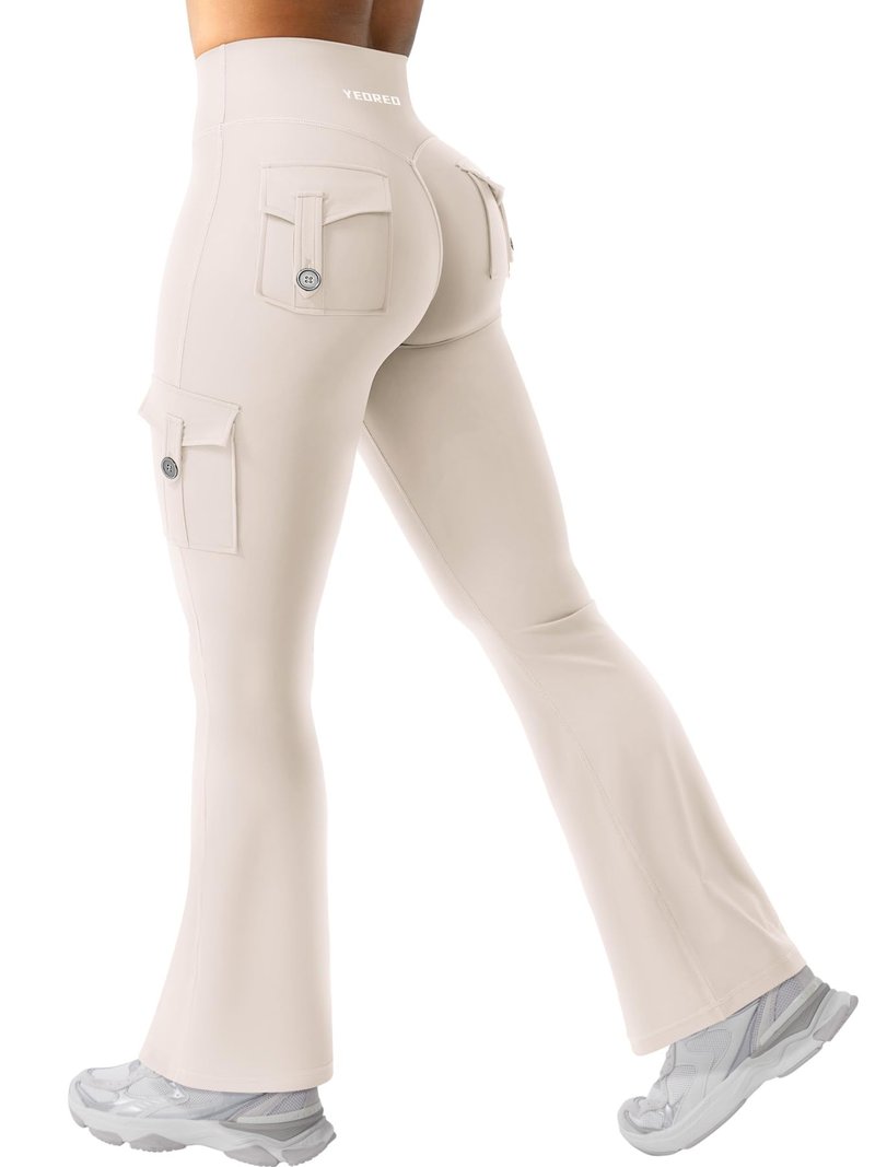 YEOREO CoreFlex Women Workout Flare Leggings with Pockets Scrunch Cargo Gym Yoga Leggings Light Khaki XXL