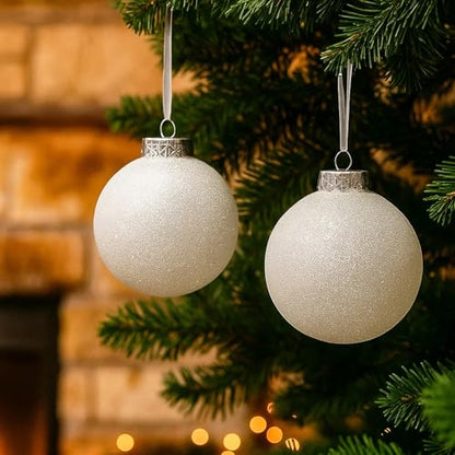 SLEETLY 28-Piece White Christmas Tree Ornaments – 12 Large 3.15” Shatterproof Glitter Snow Balls with 8 Icicles and 8 Snowflakes Set – Elegant Holiday Xmas Decorations for Farmhouse Winter Decor