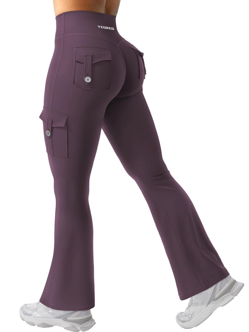 YEOREO CoreFlex Women Workout Flare Leggings with Pockets Scrunch Cargo Gym Yoga Leggings Black Berry Purple XL