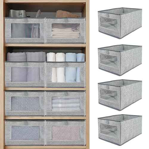 6 Pieces Linen Closet Storage Bins with Clear Window, Shelf Basket Closet Clothes Organizer Storage Containers for Organizing Shelves Wardrobe Office Clothing Books