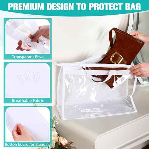 Aliceset 15 Pieces Purse Dust Bags for Storage 3 Sizes Clear Handbag Storage Organizer, Dust Bag Cover Purses with Zipper and Handles for Handbag Closet Organizer(White)