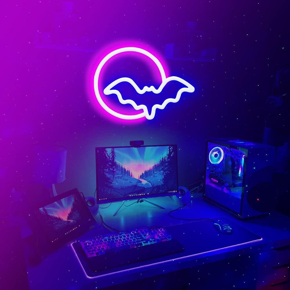 SEMETOR Neon Signs, Moon and Bat LED Neon Lights, Neon Light Sign for Wall USB/Battery Powered Led Neon Sign for wall decor, bedroom, Kids Gift, Living Room, Bar, Party, Christmas, Wedding, Halloween