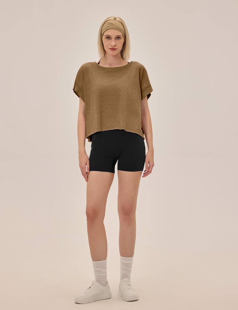 UNIANKIYA Open Back Workout Tops for Women Loose Fit Athletic Crop Tee Short Sleeve Gym Running Yoga Shirt Brown