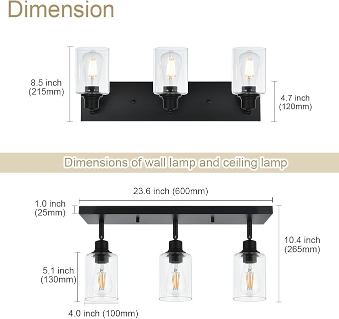 VINLUZ 3 Light Metal Bathroom Lighting in Black Finish Interior Wall Mounted Lights Multi-Directional Rotating Metal Ceiling Mount Fixture with Clear Glass Industrial Spotlight for Kitchen Foyer