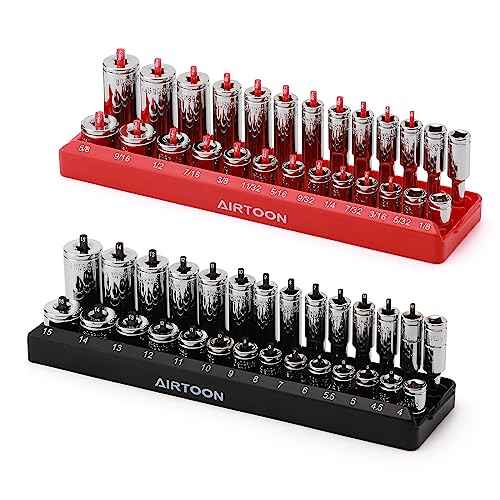 AIRTOON 1/4-Inch Drive Socket Organizer Trays, 2-Piece SAE and Metric Socket Tray Set, Deep and Standard Socket Holders Organizers for Toolbox, Black & Red