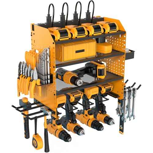 Heavy Duty Power Tool Organizer Wall Mount with Charging Station, 4 Layer Garage Storage Adjustable Shelves Height, Holds 4 Drills, 2 Hooks, Screw & Screwdriver box, Gifts for Fathers Day, Anniversary