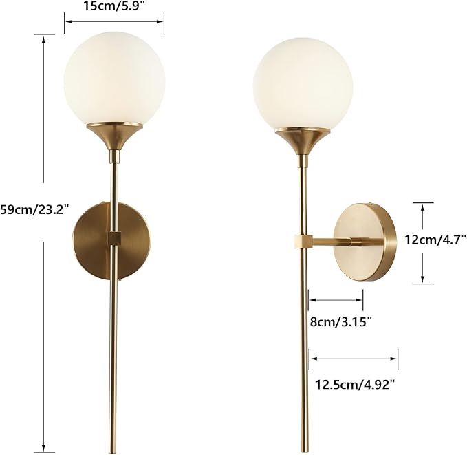 KCO Mid-Century Modern Wall Mounted Sconces Set of 2 Brushed Gold Globe Vanity Light Fixture Long Arm Industrial Bathroom Lighting Fixtures Over Mirror (White)