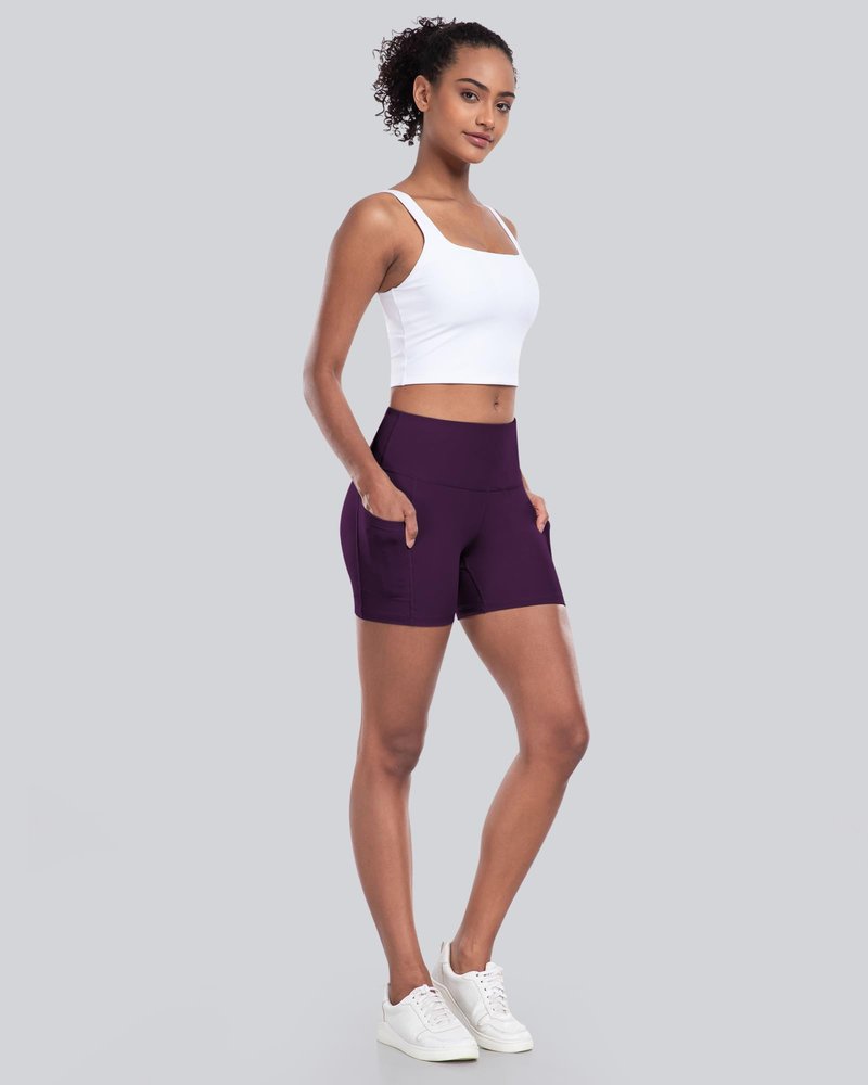 Womens Biker Yoga Shorts with Pocket, High Waisted Tummy Control 5 Inch Workout Spandex Athletic Gym Shorts(5” Purple,L)