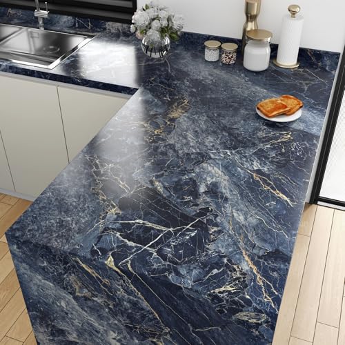 Marble Contact Paper for Countertops Glossy Navy Blue and Gold Marble Wallpaper Peel and Stick Removable Granite Wallpaper for Kitchen Backsplash Bathroom Wall Table Bedroom Terrazzo Ppaper