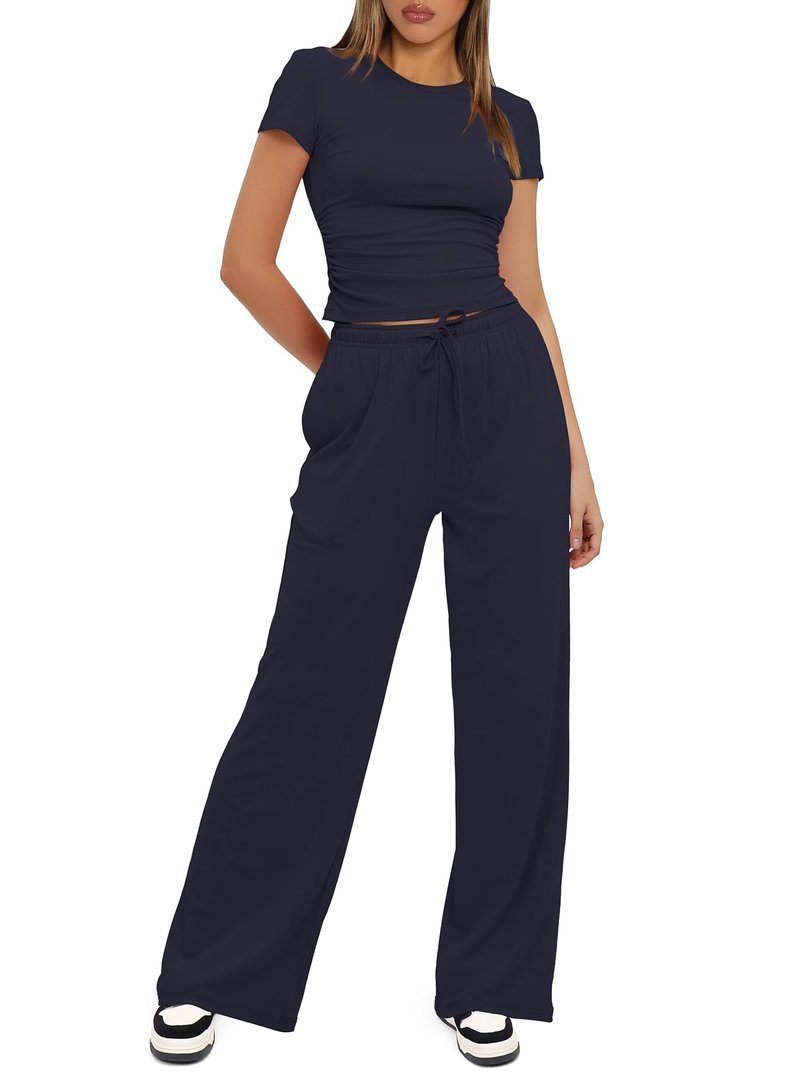 Darong Women's 2 Piece Outfits Short Sleeve Lounge Sets 9042A Dark Blue M