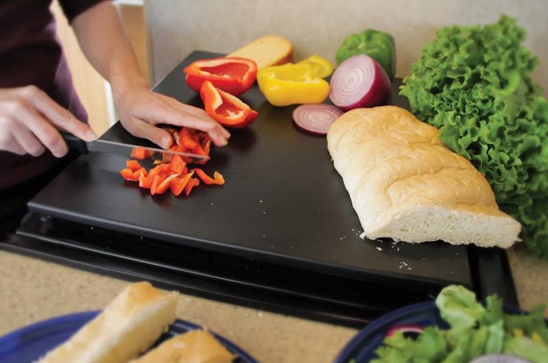 Camco 43704-A Decor Mate Stove Topper and Cutting Board - Eliminates RV and Camper Stove Top Rattling |Can be Used as a Serving Tray - Black (43704)