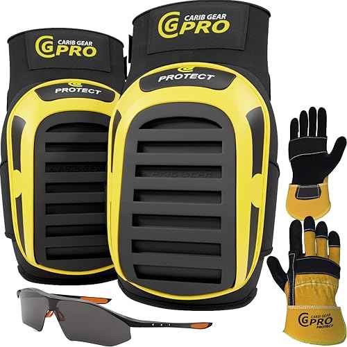CARIB GEAR PRO USA Work Knee Pads for Men and Women Heavy Duty Gel Construction Knee Pads with Anti Slip Straps for Flooring Tiling Gardening Includes Leather Gloves and Safety Glasses