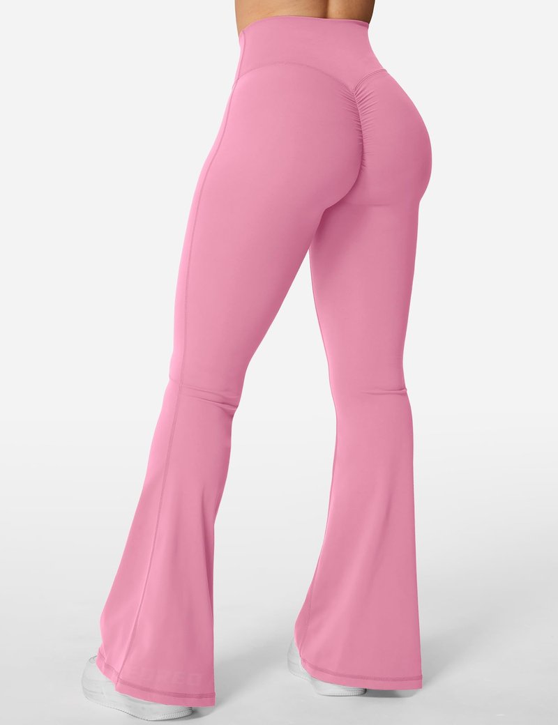 YEOREO Kalie Flare Scrunch Leggings for Women V Cross Waist Bell Bottom Yoga Pants Tummy Control Bootcut Workout Leggings Begonia Pink M