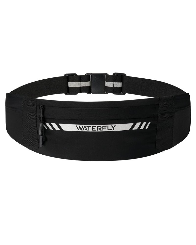WATERFLY Running Belt Fanny Pack: Slim Breathable 4 Pocket Waist Bag for Men Women Sport Workout Exercise Fitness Phone Holder - Runner Marathon Jogging Waistband Fits ALL Phones Black