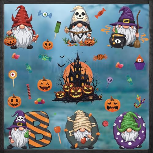 Halloween Gnome Window Clings,Cute Gnome Window Sticker,Pumpkin Bat Wall Decals,Haunted House Spooky Wall Sticker,Halloween Candy Witch Boo Ghost Decals,Pumpkin Cling for Glass Home Party Room