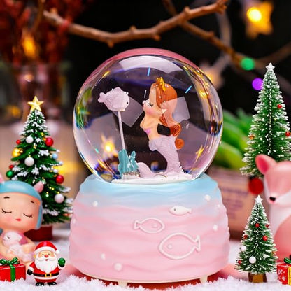 Snow Globes,Mermaid Snowglobes with Musical,LED Lights, Gifts for Little Girls,Birthday Christmas Festival Gift for 5-12 Year Old Girls (Pink)