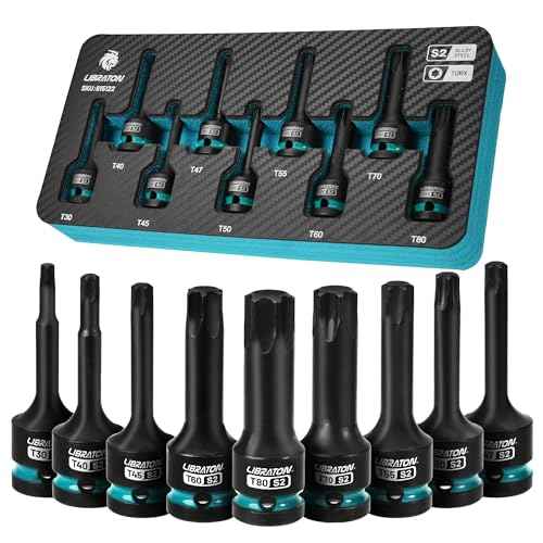 LIBRATON Impact Torx Bit Socket Set, 1/2" Drive, S2 Steel, 9PCS Impact Star Bit Socket Set (T30-T80), High Impact Torx Sockets, XPE Storage, Professional Mechanic and Automotive Repair