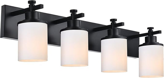 MELUCEE 4-Light Black Bathroom Light Fixture, Modern Bathroom Vanity Lights Over Mirror with Milky White Glass Shade, Farmhouse Wall Mounted Lamp for Dressing Room Living Room Hallway