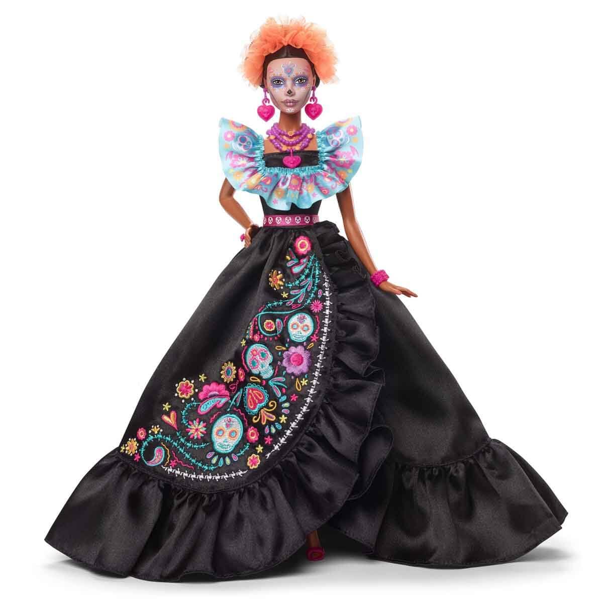 Barbie Signature Doll, 2024 Día De Muertos Collectible in Black Dress with Blue Ruffle Top, Embroidered Print, and Colorful Accessories
