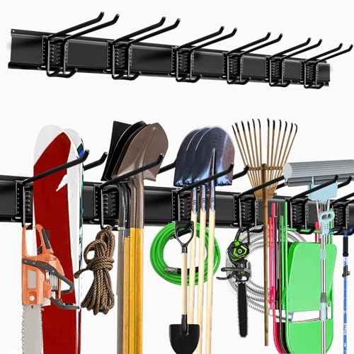 Garage Storage Rack Hooks, 48 Inch Heavy Duty Wall Mount Garage Organization with 3 Rails and 6 Adjustable Double Wall Hooks,Hanging Shelves for Garden Tool/Broom/Mop(Black)