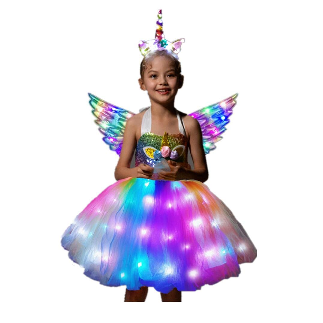 SHINYOU Girls Unicorn Costume Rainbow Unicorn Dress LED Light Up Unicorn Tutu with LED Wing for Halloween Birthday Gift DeepRainbow+Wing 3-4Y¡­