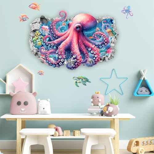 Octopus 3D Ocean Animal Wall Stickers - Sea Life Wall Decals for Kids Room & Bedroom Decor