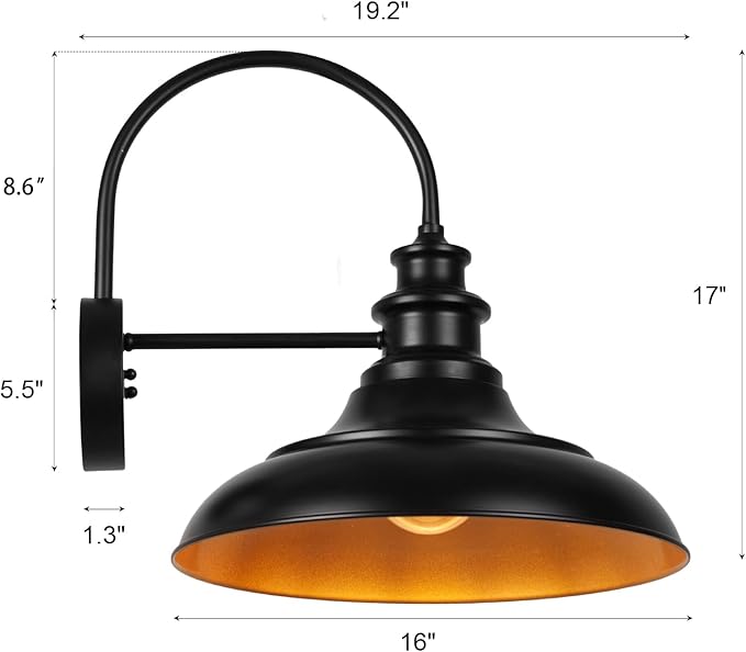Outdoor Barn Light Fixtures, 16 Inch Large Dome Farmhouse Exterior Wall Mount Lights, Rustic Gooseneck Wall Sconces Indoor Wall Lighting, Industrial Black Gold Lanterns for Porch, Garage, 2 Pack