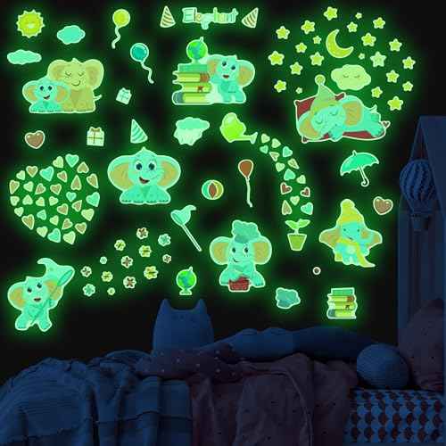 Glow in The Dark Cute Elephants Wall Decals, Animal Star Stickers for Baby Girls Boys Room, Luminous Ceiling Decor for Bedroom Playroom Nursery