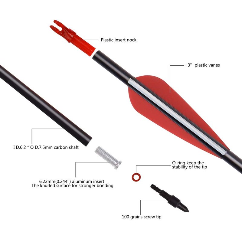 YLSIO Archery Carbon Arrow Hunting Target Practice Arrows 26 Inch with Removable Tips for Compound & Recurve Bow Spine 500 6PCS