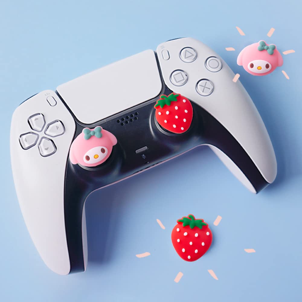 PERFECTSIGHT Cute Thumb Grip Caps for Switch 2 2025, PlayStation 4/5, PS5, PS4, Xbox Series X/S, Xbox One, Switch Pro Controller, 4PCS Kawaii Soft Rubber Analog Thumbsticks Joystick Cover, Strawberry